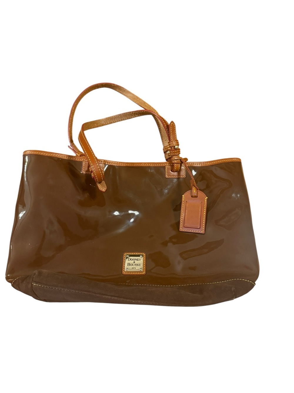 Dooney & Bourke Brown Patent Leather Tote with Tan Trim